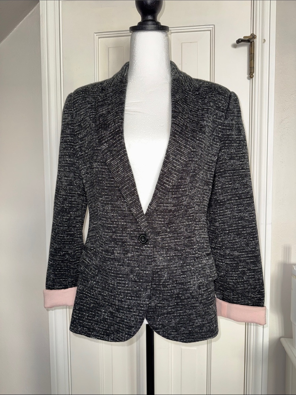Anthropologie Cartonnier Black Tweed Knit Blazer with Pink Cuff Accents